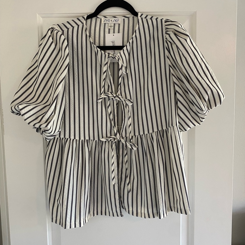 She + Sky Black and White Striped Tie-Front Peplum Blouse